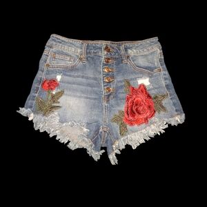 💕5/$18 Bold No Boundaries High Waist Denim Shorts with Red Floral Design